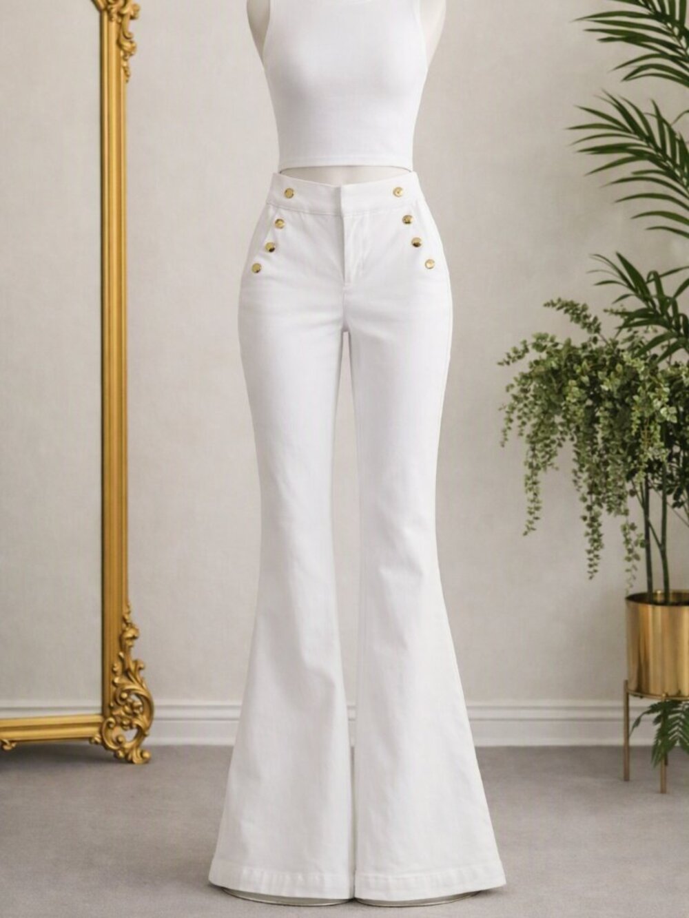 NWT, INC International Concepts White High-Waist Flared Pants with Gold Buttons
